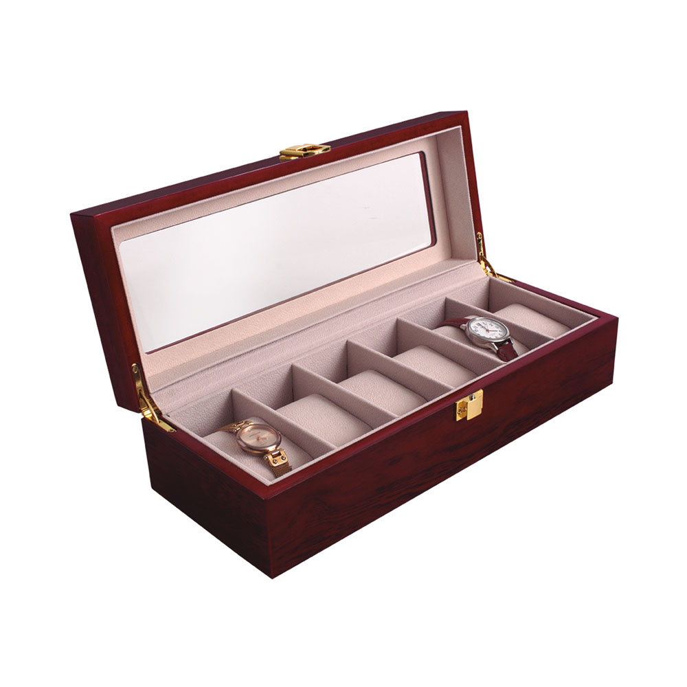 Madera 6 relojes con ventana - 31 x 12 x 9 